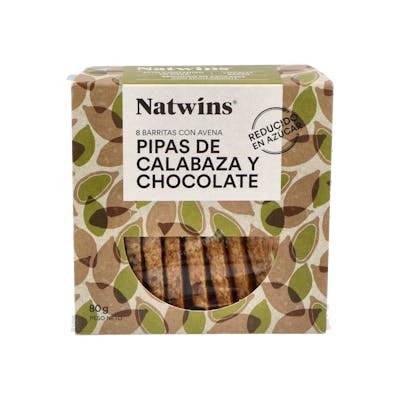 NATWINS Barritas de Semillas de Calabaza y Chocolate 80Gr. Barritas de Cereales con semillas de Calabaza, chocolate y pasas. Sin azúcar añadido. NATWINS Barritas de Semillas de Calabaza y Chocolate 80Gr. Barritas de Cereales con semillas de Calabaza, chocolate y pasas. Sin azúcar añadido.