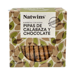 NATWINS Barritas de Semillas de Calabaza y Chocolate 80Gr. Barritas de Cereales con semillas de Calabaza, chocolate y pasas. Sin azúcar añadido.