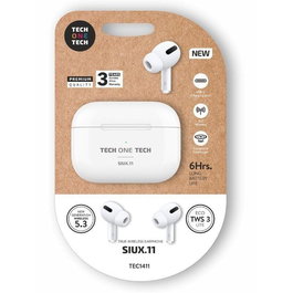 TechOne Auriculares TWS Inalámbricos Bluetooth 5.3 Tech SIUX.11 TEC1411, Sonido Hi-Fi, Autonomía 6h, Estuche de Carga (Más de 24h), Carga USB-C, Color Blanco