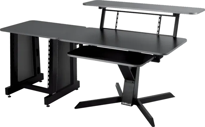 QUIKLOK Mueble Estudio (Workstation) Con Tres Niveles, Bandeja Principal 1120x560mm, Bandeja Superior 1250x324mm, Bandeja Teclado 757x355mm, Acero