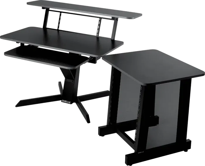 QUIKLOK Mueble Estudio (Workstation) Con Tres Niveles, Bandeja Principal 1120x560mm, Bandeja Superior 1250x324mm, Bandeja Teclado 757x355mm, Acero