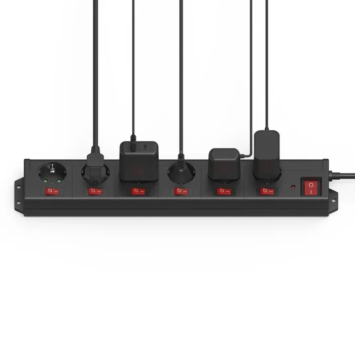 Hama 00223160 Regleta de 6 tomas con interruptores individuales y protección contra sobretensiones, 3680W, 1.4m, color negro