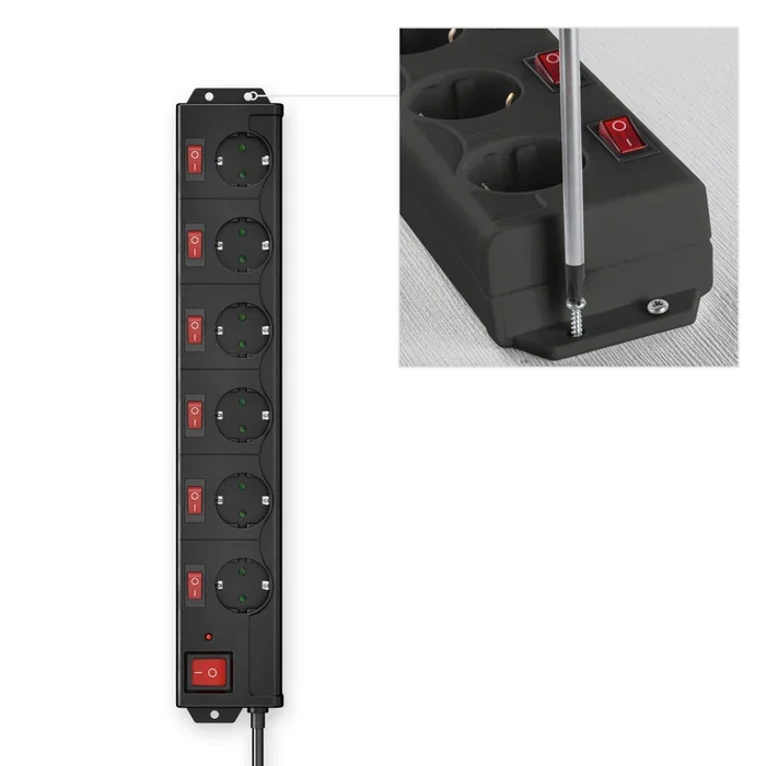 Hama 00223160 Regleta de 6 tomas con interruptores individuales y protección contra sobretensiones, 3680W, 1.4m, color negro