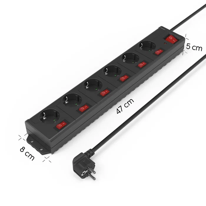 Hama 00223160 Regleta de 6 tomas con interruptores individuales y protección contra sobretensiones, 3680W, 1.4m, color negro