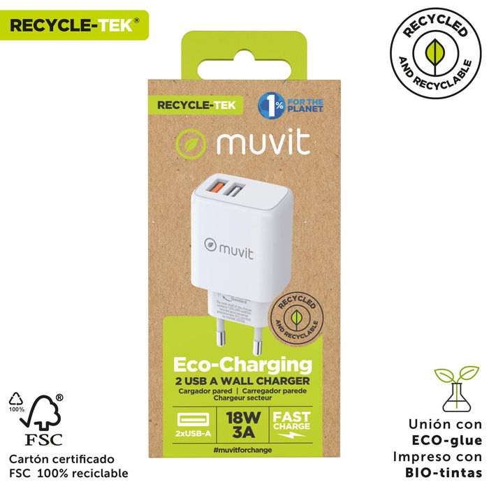 muvit for change cargador de pared 2 USB 3A/18W blanco