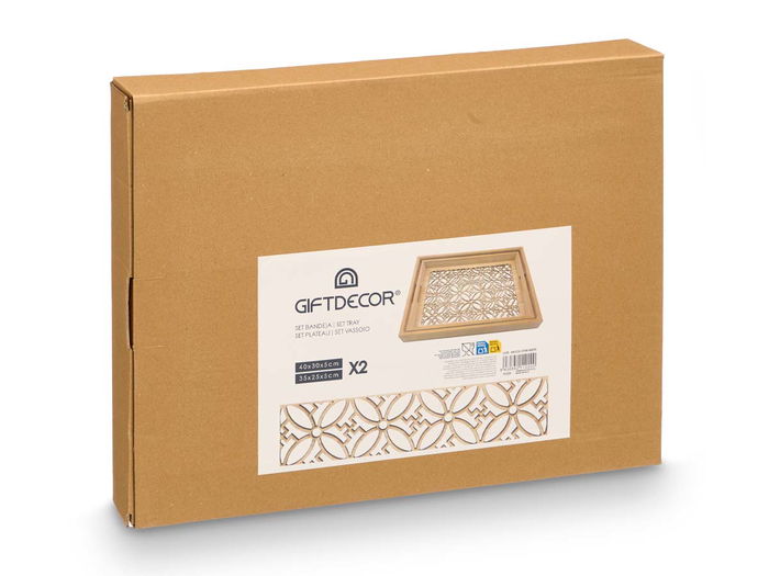 Giftdecor Set 2 Bandejas Rectangulares Flor Madera y Vidrio Transparente 40x30x5 cm y 35x25x5 cm (Set de 6)
