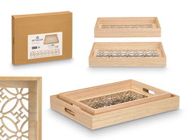 Giftdecor Set 2 Bandejas Rectangulares Flor Madera y Vidrio Transparente 40x30x5 cm y 35x25x5 cm (Set de 6)