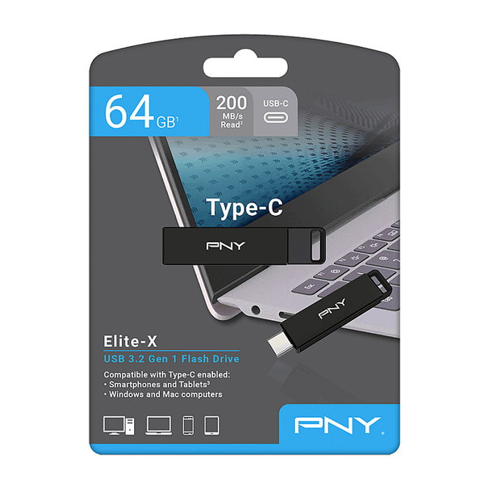 PNY Elite X 64GB USB 3.2 Tipo C 200 MB/s Memoria USB Giratoria Negra PNY Elite X 64GB USB 3.2 Tipo C 200 MB/s Memoria USB Giratoria Negra
