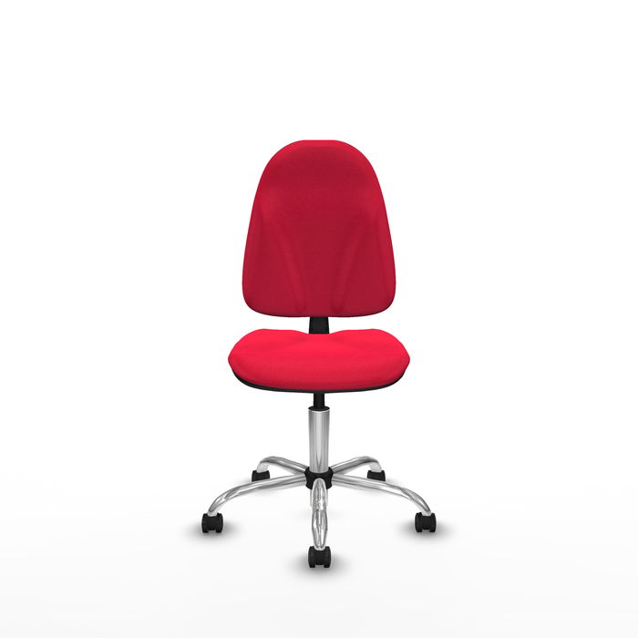 Silla de oficina Algarra con mecanismo Contacto permanente básico tapizada con Tela color Rojo. Equipada con Base cromada, Sin brazos y Ruedas autofrenantes