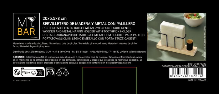 Inde Soporte para Servilletas con Palillero My Bar de Madera 19.9 x 5.5 x 8 cm (12 Unidades)
