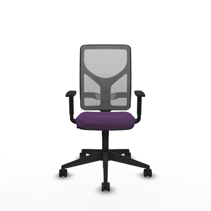 Silla de oficina Motilla con mecanismo Sincro tapizada con Tela color Morado y malla color Gris. Equipada con lumbar 1D, Brazos 1D y Ruedas 65mm nailon