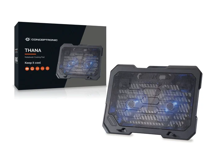 Conceptronic THANA01B - Base de refrigeración para portátiles con 2 ventiladores de 125mm y luz LED azul, tamaño máximo 15.6 pulgadas (39.6 cm), USB 2.0