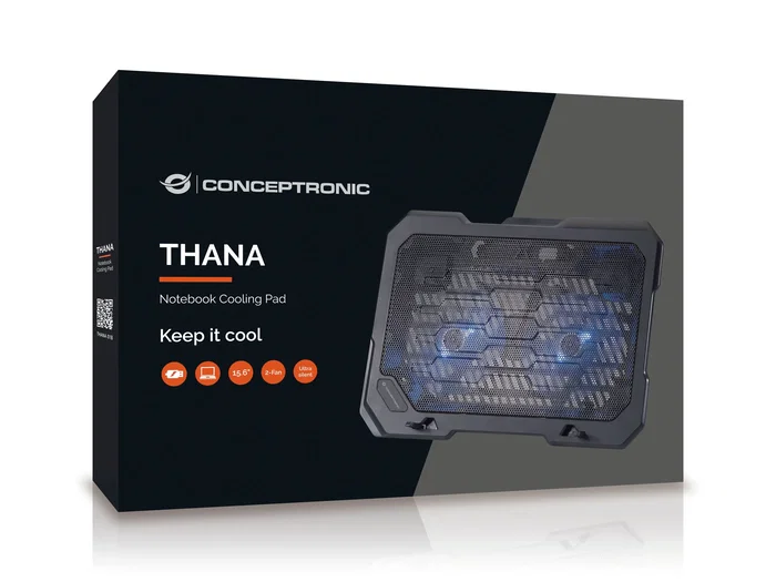 Conceptronic THANA01B - Base de refrigeración para portátiles con 2 ventiladores de 125mm y luz LED azul, tamaño máximo 15.6 pulgadas (39.6 cm), USB 2.0