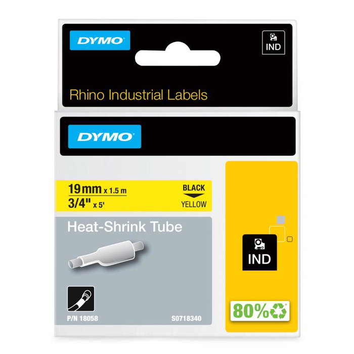 Dymo Tubo Termorretráctil Rhino ID1-19 Negro sobre Amarillo 19mm x 1,5m
