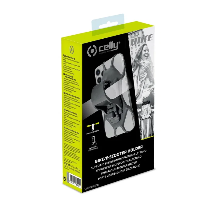 Celly Soporte Pasivo para Teléfono Móvil - Swipe Bike, Montaje Abrazadera de Silicona Gris para Bicicleta y Scooter
