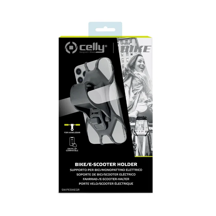 Celly Soporte Pasivo para Teléfono Móvil - Swipe Bike, Montaje Abrazadera de Silicona Gris para Bicicleta y Scooter