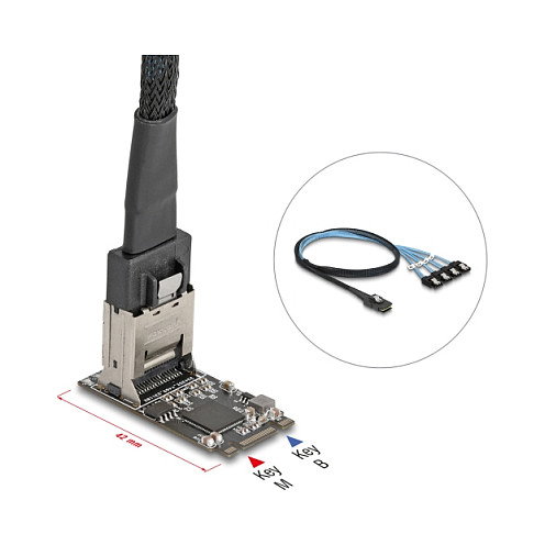 DeLOCK Adaptador Controlador M.2 2242 Key B+M a 4 SATA Mini-SAS con Cable de 1 m, JMB585, Plug and Play, S.M.A.R.T., para Windows y Linux, Negro - 64260