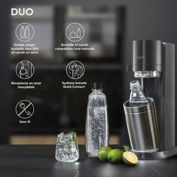 SODASTREAM DUONCB - Black DUO Machine Pack 4 botellas (2 decantadores DUO + 2 Fusible LV) + 1 cilindro de intercambio CQC