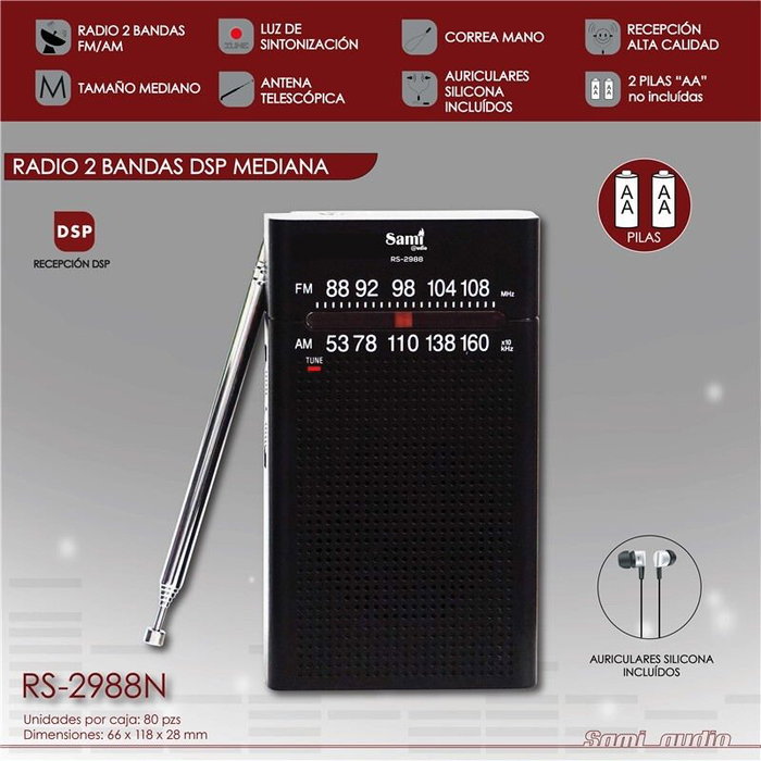 SAMI Radio Sami 2 bandas mediana negro con cordón y auriculares