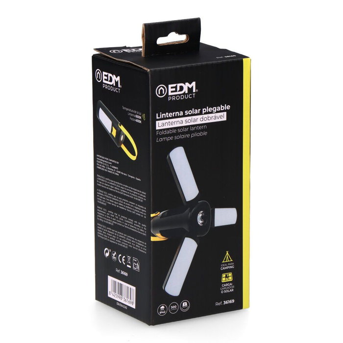 Edm Linterna Solar Plegable Recargable USB para Camping, 300 Lúmenes, 6500K, Batería 2000mAh, Carga Solar/USB-C, IP42