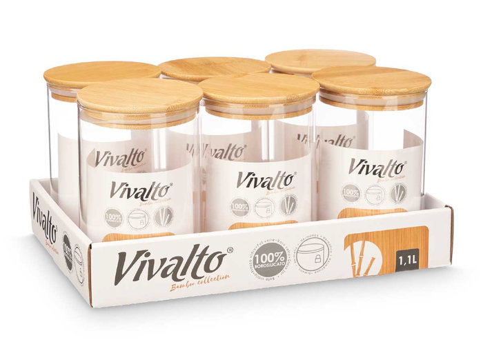 VIVALTO Tarro Redondo de Borosilicato con Tapa de Bambú, 1,1L VIVALTO Tarro Redondo de Borosilicato con Tapa de Bambú, 1,1L