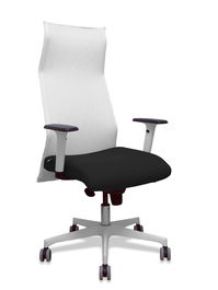 Sillón Albacete con mecanismo Sincro tapizada con Tela color Negro y malla color Blanco. Equipado con Base poliamida blanca, Brazos 1D y Ruedas 65 mm parqué