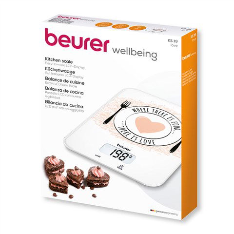 Beurer KS-19 Balanza de Cocina de Vidrio Ultra Plano con Pantalla LCD Grande y Función Tara, Capacidad 5 kg