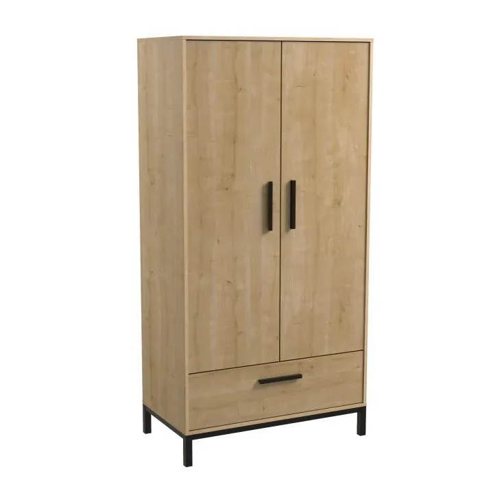 Juego de cama para adulto CRAFT 140x190/200 cm - 2 mesitas de noche + armario - Melamina - Decoración roble Hamilton - Fabricación francesa - DEMEYERE Juego de cama para adulto CRAFT 140x190/200 cm - 2 mesitas de noche + armario - Melamina - Decoración roble Hamilton - Fabricación francesa - DEMEYERE