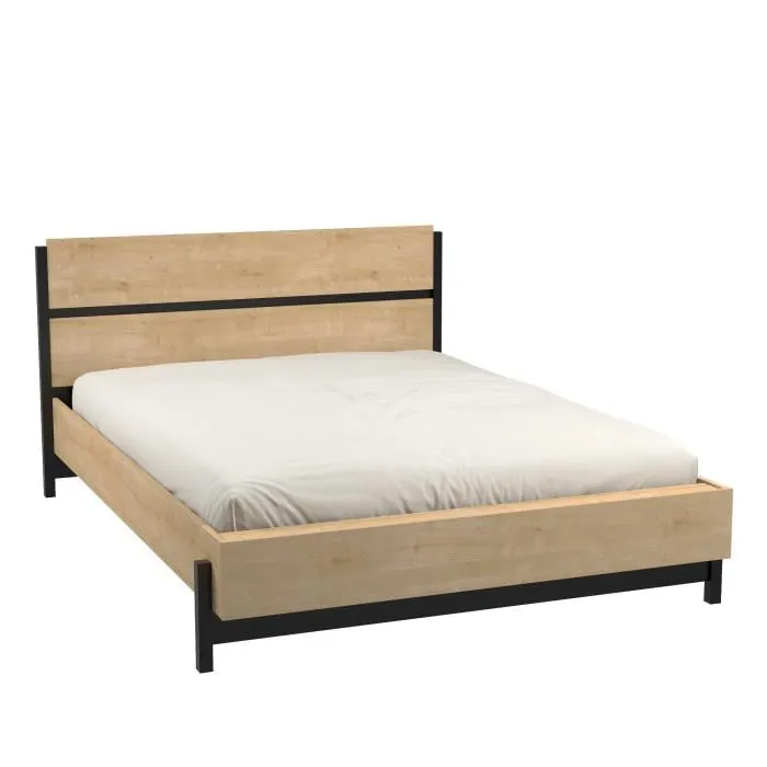 Juego de cama para adulto CRAFT 140x190/200 cm - 2 mesitas de noche + armario - Melamina - Decoración roble Hamilton - Fabricación francesa - DEMEYERE Juego de cama para adulto CRAFT 140x190/200 cm - 2 mesitas de noche + armario - Melamina - Decoración roble Hamilton - Fabricación francesa - DEMEYERE