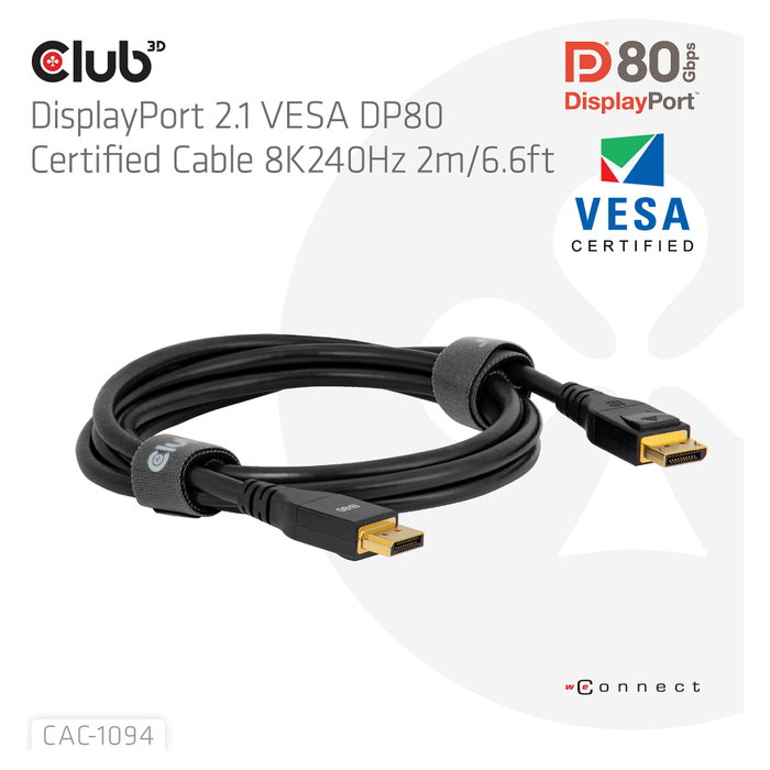 CLUB-3D Cable DisplayPort 2.1 VESA DP80 8K 240Hz 2m Negro CLUB-3D Cable DisplayPort 2.1 VESA DP80 8K 240Hz 2m Negro