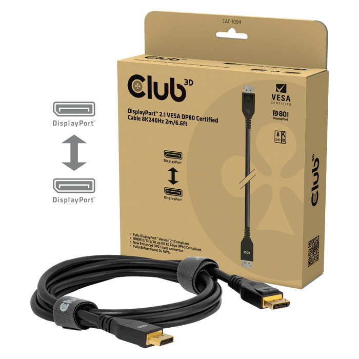 CLUB-3D Cable DisplayPort 2.1 VESA DP80 8K 240Hz 2m Negro CLUB-3D Cable DisplayPort 2.1 VESA DP80 8K 240Hz 2m Negro