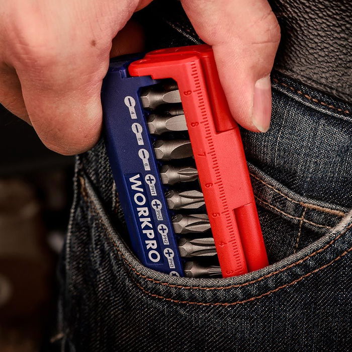 WORKPRO Juego de 13 Puntas Destornillador Métrico, 25 mm, Cromo Vanadio: SL4,5,6 mm, PH1,2,3, T10,15,20,25,30 con Soporte Magnético de 60 mm