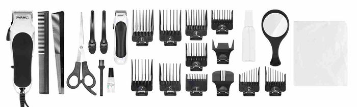 Wahl 20103-0467 Cortapelos + Recortadora Deluxe Chrome Pro, Cuchillas Autoafilables, Kit 27 Piezas
