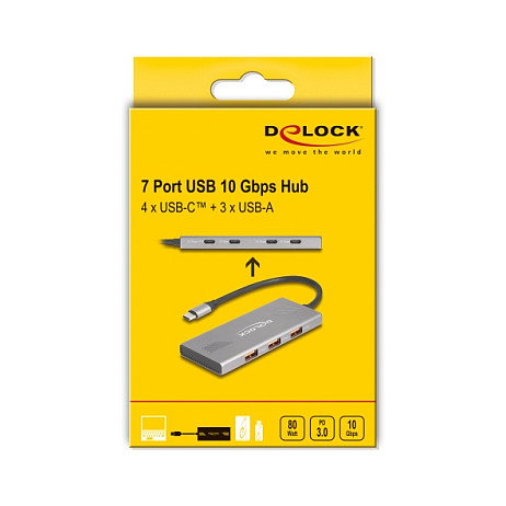 DeLOCK 64313 Hub USB 7 Puertos 10 Gbps con 4 USB-C y 3 USB-A y Power Delivery 80 W, Aluminio Gris DeLOCK 64313 Hub USB 7 Puertos 10 Gbps con 4 USB-C y 3 USB-A y Power Delivery 80 W, Aluminio Gris
