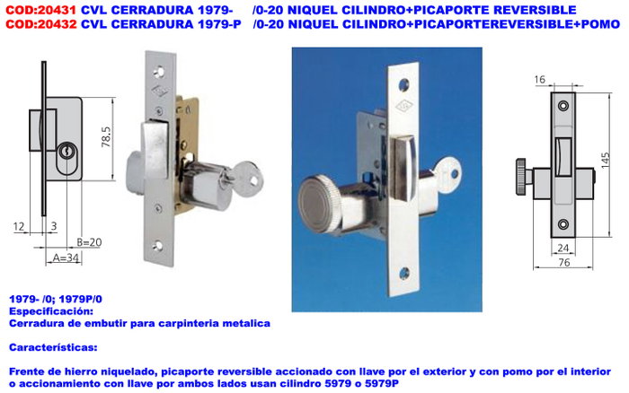 CVL Cerradura 1979-P Níquel con Cilindro, Picaporte y Pomo