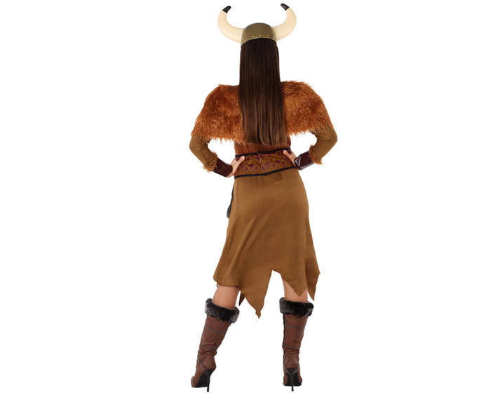 Disfraz Vikinga Guerrero Mujer Adulto Tema Historia Color Marrón Talla XXL - Incluye Capa, Vestido y Cinturón