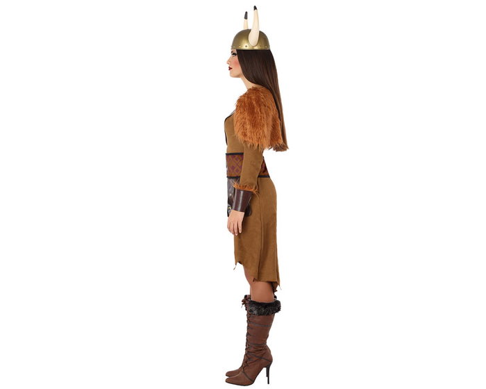 Disfraz Vikinga Guerrero Mujer Adulto Tema Historia Color Marrón Talla XXL - Incluye Capa, Vestido y Cinturón