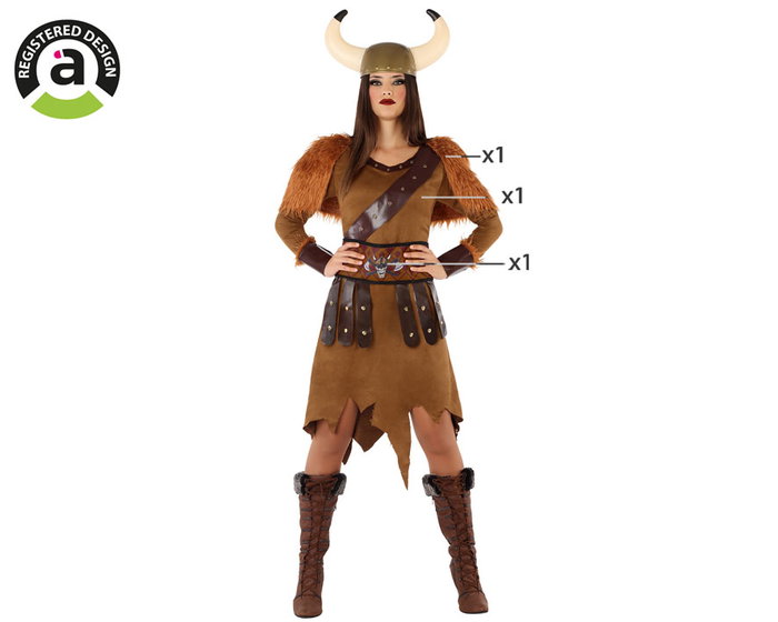 Disfraz Vikinga Guerrero Mujer Adulto Tema Historia Color Marrón Talla XXL - Incluye Capa, Vestido y Cinturón