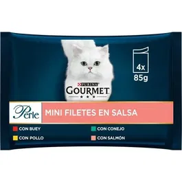 Purina Gourmet Perle Comida Húmeda para Gato con Finas Láminas en Salsa - Buey, Pollo, Conejo, Salmón - 12 Latas de 4 Sobres 85 g