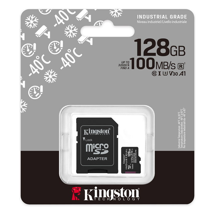 Kingston Tarjeta microSDXC Industrial 128GB Clase 10 UHS-I U3 V30 A1 - Lectura 100MB/s, Escritura 80MB/s con adaptador SD