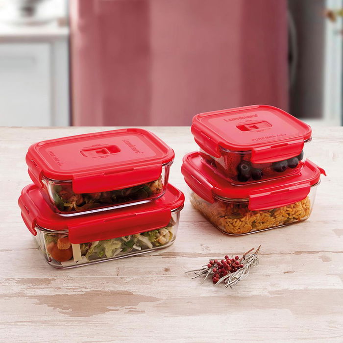 Recipiente Cuadrado Hermético Vidrio Pure Box Rojo Luminarc 16 cm- 122 cL