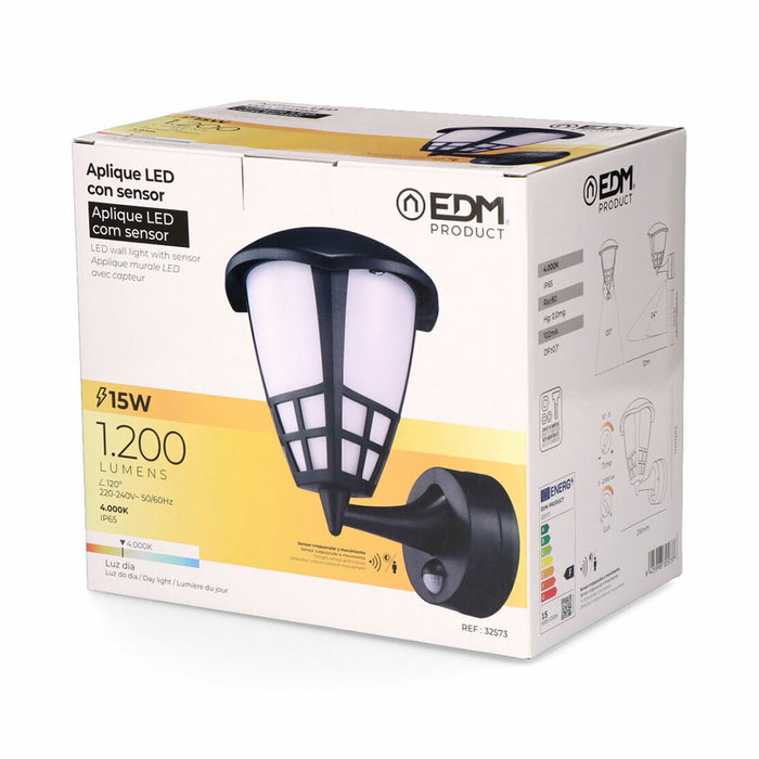 Edm Aplique LED Farol con Sensor Crepuscular y de Movimiento, 15W, Negro