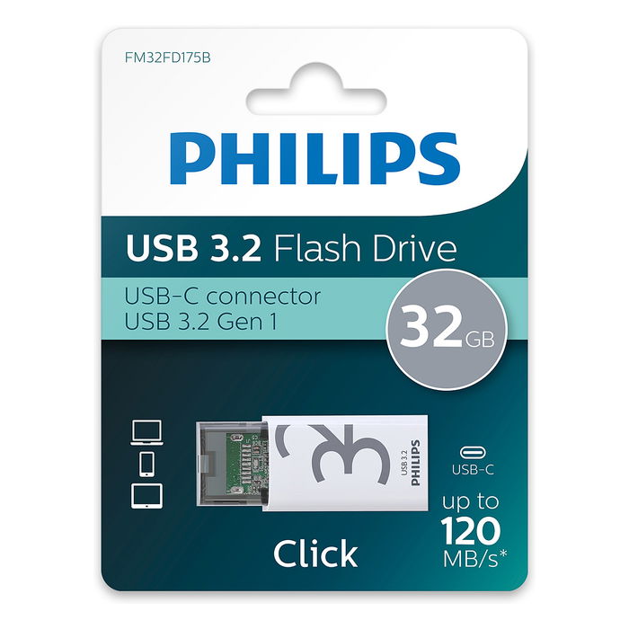 Philips Memoria USB 3.2 32GB Click Series Gen 1 USB-C Transparente Blanco