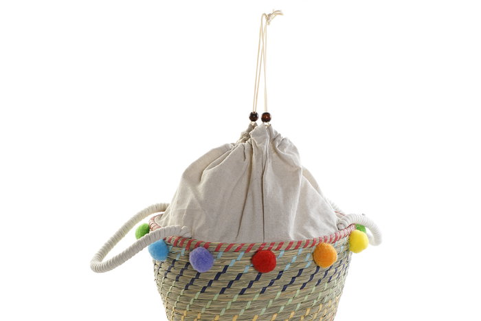 DKD Home Decor Set de 3 Cestas de Seagrass y Poliéster con Pompones