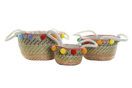 DKD Home Decor Set de 3 Cestas de Seagrass y Poliéster con Pompones