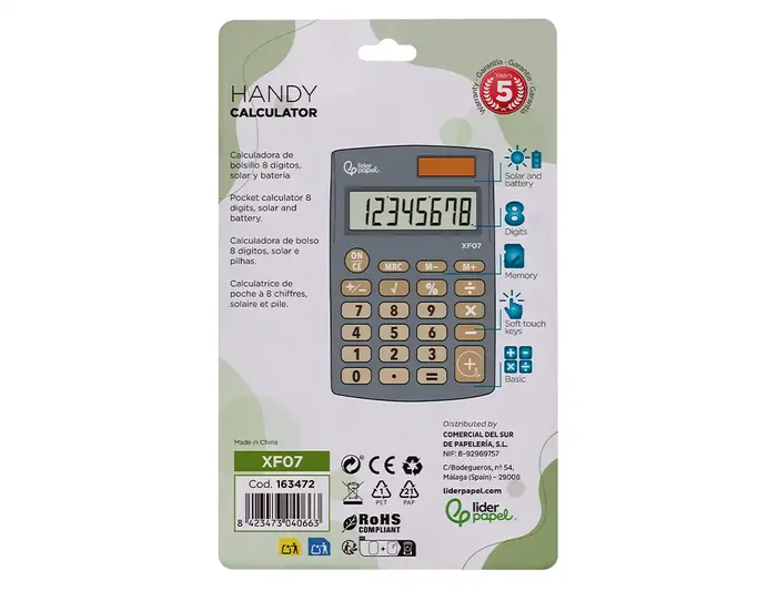 Liderpapel xf07 Calculadora de Bolsillo 8 Dígitos Solar y Pilas Gris 98x62x8 mm
