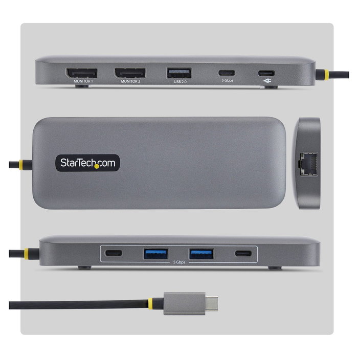 StarTech Adaptador Multipuertos USB-C a Doble DisplayPort 4K60 100W GbE Gris