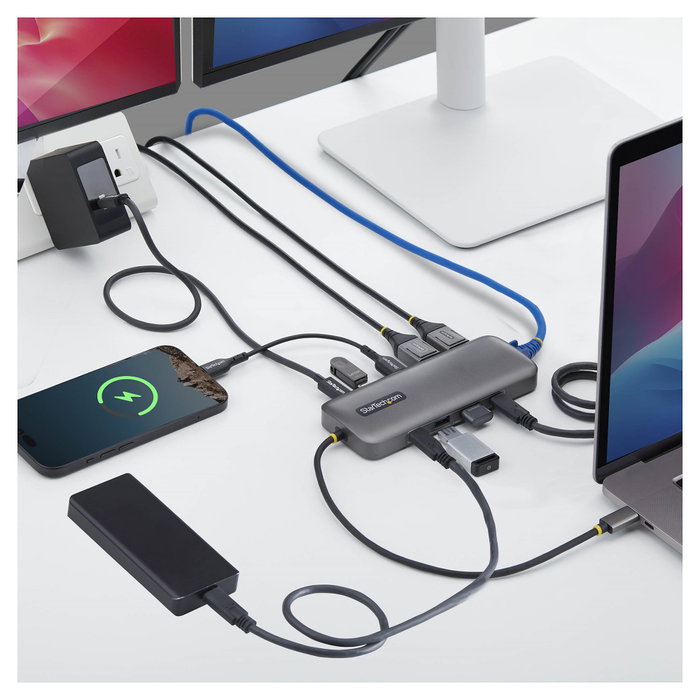 StarTech Adaptador Multipuertos USB-C a Doble DisplayPort 4K60 100W GbE Gris