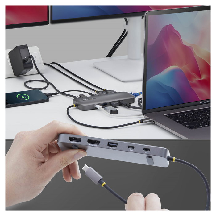 StarTech Adaptador Multipuertos USB-C a Doble DisplayPort 4K60 100W GbE Gris