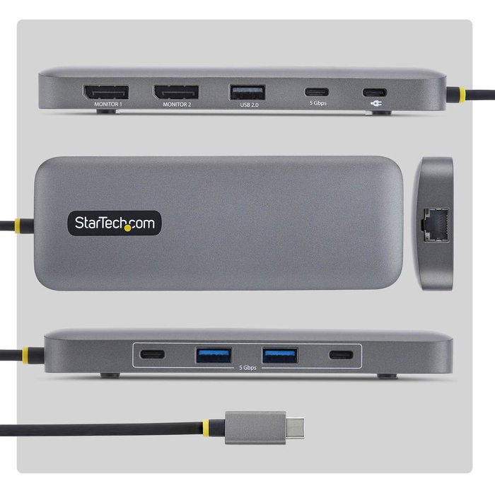 StarTech.com 189B-USBC-MULTIPORT Adaptador multipuertos USB-C a doble DisplayPort 4K 60Hz, 100W, Gigabit Ethernet, Gris